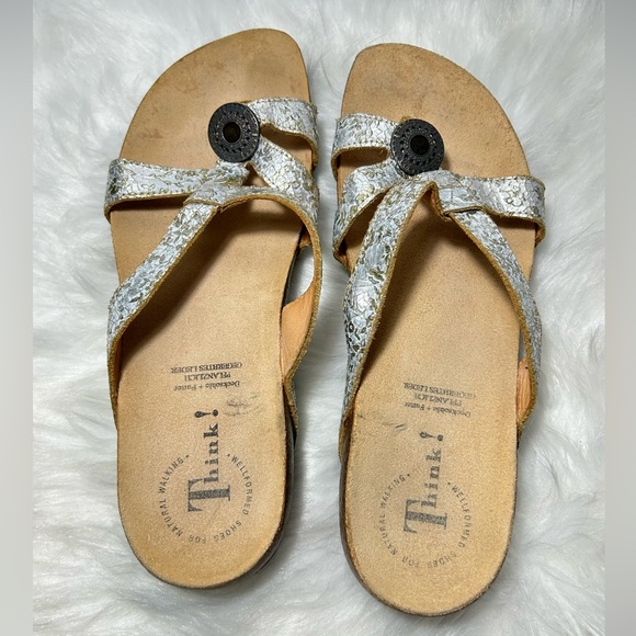 Think! Womens Gold Shimmer Leather Slide Wedge Casual Sandals Size 41 - Picture 6 of 8
